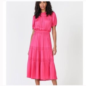 Anthropologie / Current Air Puff Sleeve satin Ruffle Tiered Maxi Dress pink M